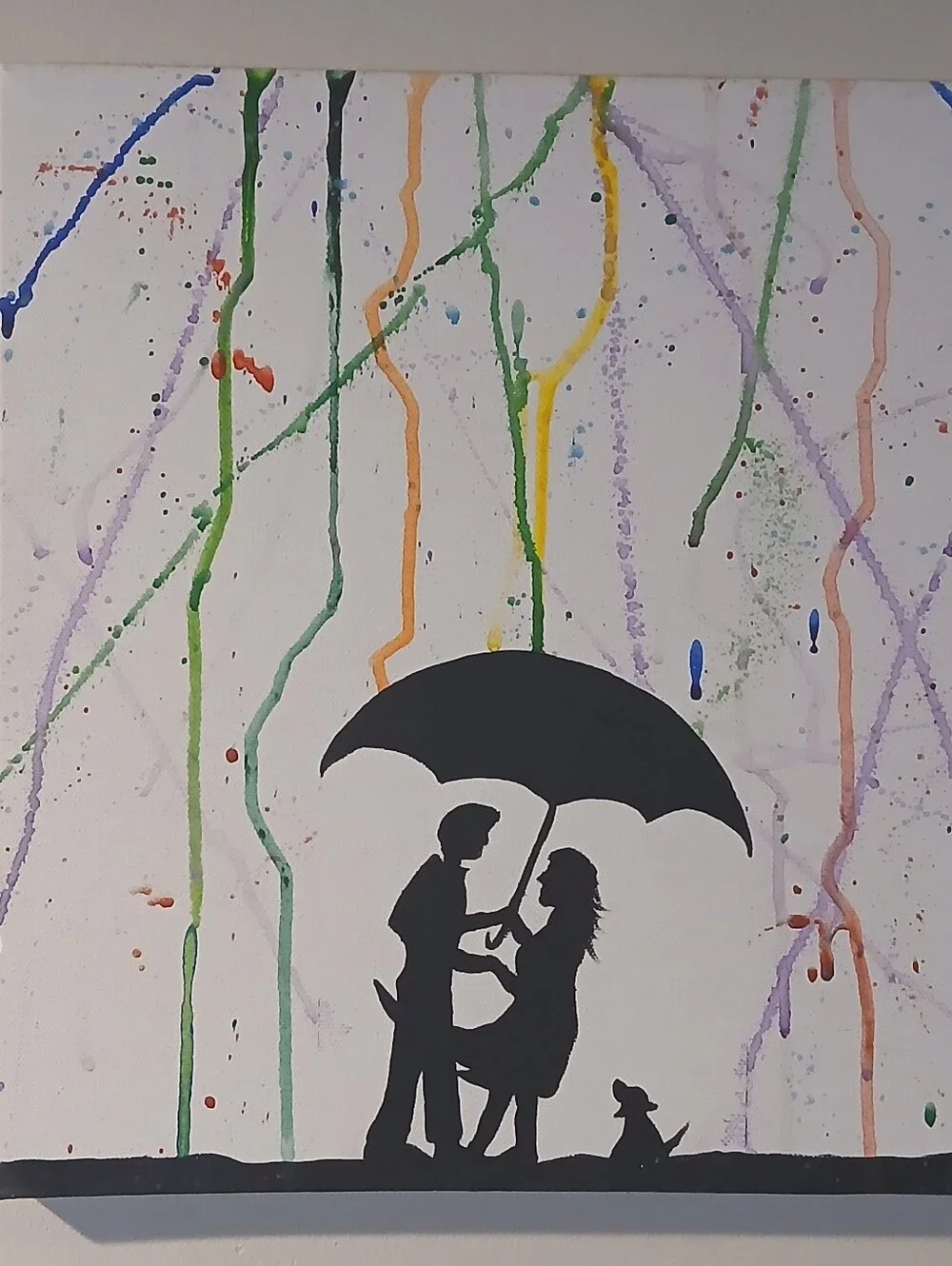 Original Hand Painted Acrylic Black Silhouette Umbrella Rain Art Romantic Couple